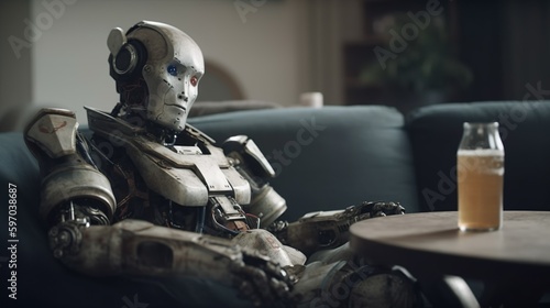 Ein Roboter mit künstlicher Intelligenz nach einem harten Tag in der Fabrik auf dem Sofa, generative Ai