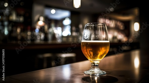 Ein Glas mit kaltem, frischen Bier auf dem tresen einer Bar oder eines restaurants, genartive AI © Sönke Hayen