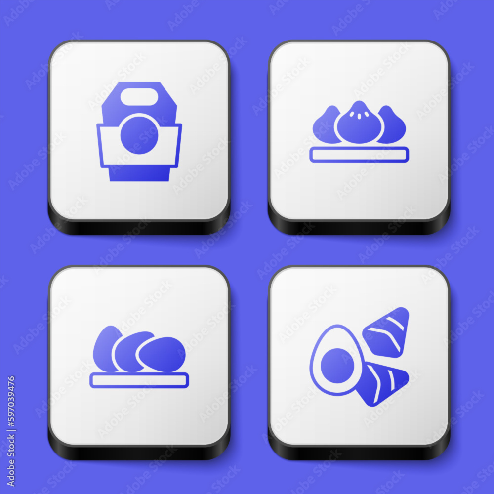 Set Asian noodles in paper box, Dumpling, Chicken egg and with vegerables icon. White square button. Vector Set Asian noodles in paper box, Dumpling, Chicken egg and with vegerables icon. White square button. Vector