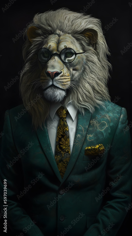 Lion in a black suit with glasses and tie -- Generative AI