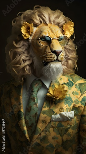 Lion in a gold suit with glasses and tie -- Generative AI