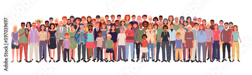 Multiethnic group of people isolated on white background. Young, adults and seniors. Children and teenagers stand together. Vector illustration of men and women of different nationalities and ages. 
