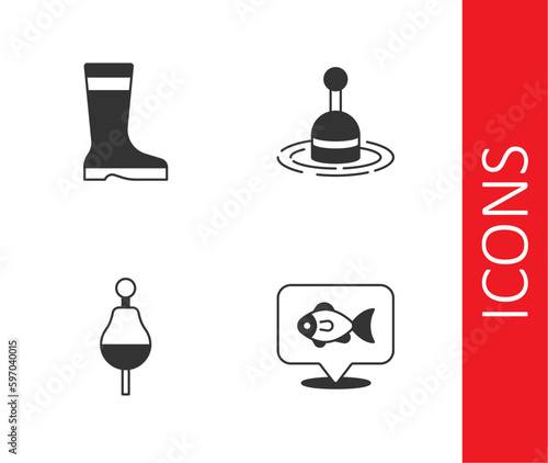 Set Location fishing, Fishing boots, float and water icon. Vector