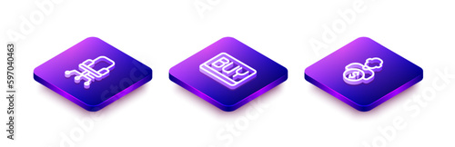 Set Isometric line Office chair, Buy button and Business investor icon. Vector