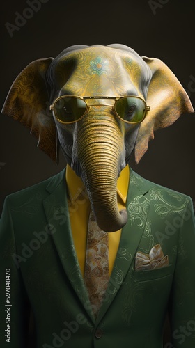 Elephant in a gold suit with glasses and tie -- Generative AI