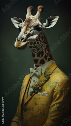 Giraffe in a gold suit with glasses and tie -- Generative AI © Hans