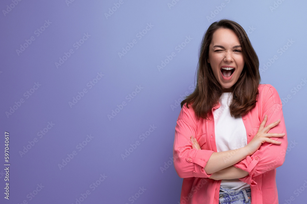 incredibly smiling happy young lady in a stylish summer look on a studio isolated background incredibly smiling happy young lady in a stylish summer look on a studio isolated background