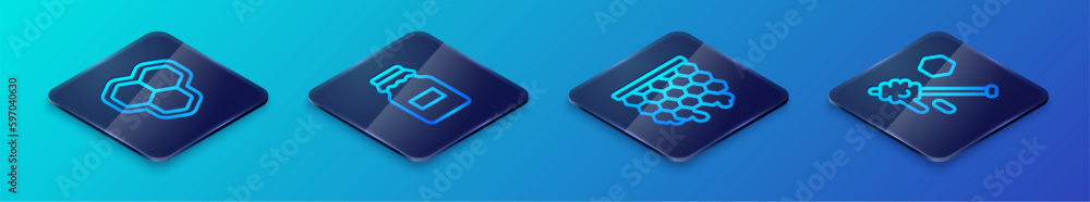 Set Isometric line Honeycomb, dipper stick and Jar of honey icon. Vector Set Isometric line Honeycomb, dipper stick and Jar of honey icon. Vector