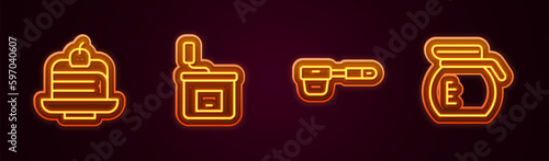 Set line Piece of cake, Manual coffee grinder, Coffee filter holder and pot. Glowing neon icon. Vector