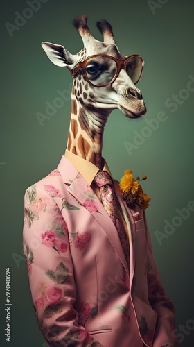 Giraffe in a pink suit with glasses and tie -- Generative AI © Hans
