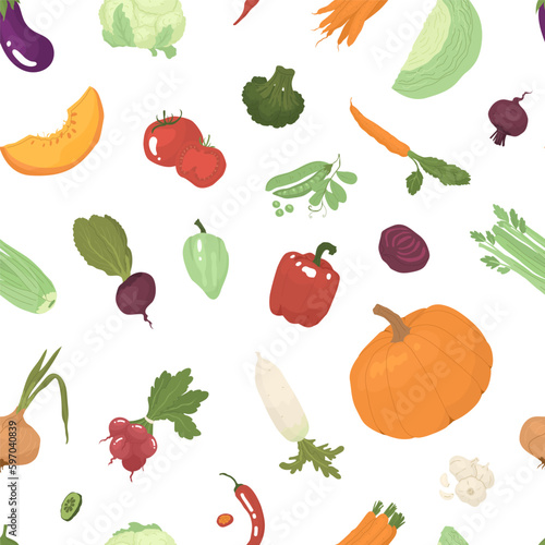 Endless, seamless pattern with different types of vegetables. Decor for kitchen, grocery store, farm products. Vector illustration. Transparent background.