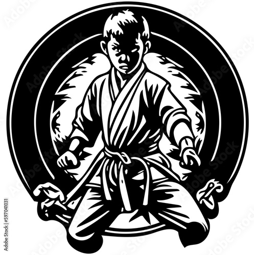 Karate kid emblem logo in black and white, vector illustration of a martial artist 