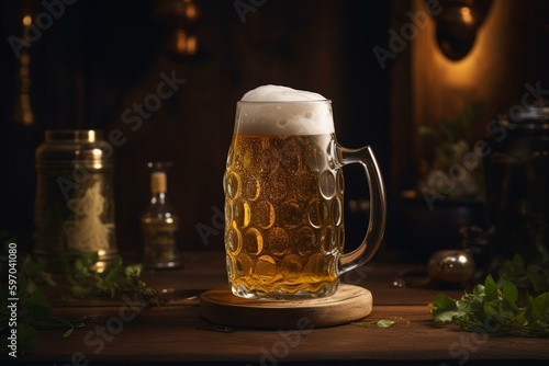 Beer mug with frothy hop lager beside keg. Generative AI