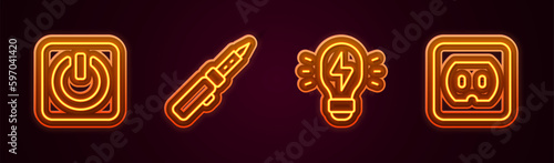 Set line Power button, Soldering iron, Creative lamp light idea and Electrical outlet. Glowing neon icon. Vector