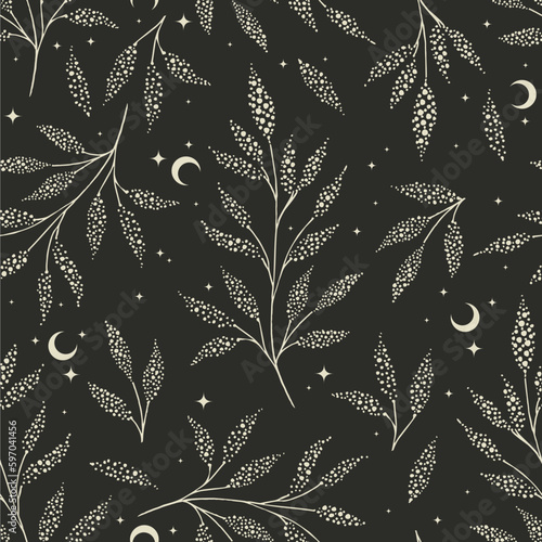 Magic seamless vector pattern with plants and stars. Boho pattern for astrology, textiles, wrapping paper, design.