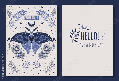 Cover design with moth pattern. Hand drawn elements. Invitation, greeting card, cover book, notebook. Vector illustration