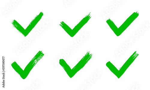 Dirty grunge hand drawn tick v with brush strokes vector illustration set isolated on white background mark graphic design. Check mark symbol YES button for vote in check box, web, etc.