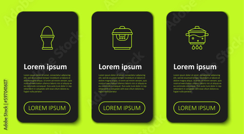 Set line Chicken egg on a stand, Slow cooker and Cooking pot fire. Business infographic template. Vector