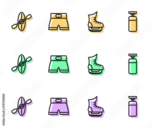 Set line Skates, Kayak and paddle, Boxing short and Punching bag icon. Vector