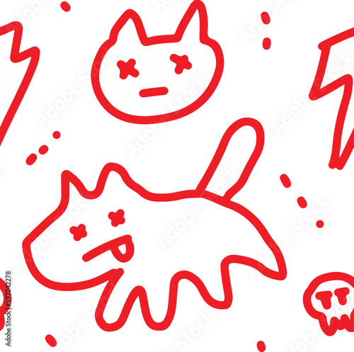 Seamless pattern  abstract business background  red hand drawn lines of dogs and cats and skulls.