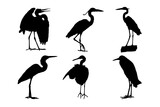 Set of silhouettes of heron birds