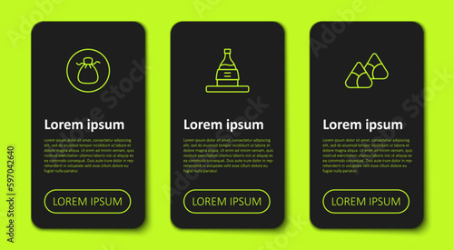 Set line Wonton, Bottle of sake and Zongzi in bamboo steamer. Business infographic template. Vector