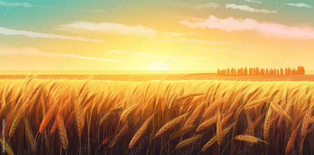 Stunning depiction of a fertile wheat field beneath a vibrant  sky. Generative AI