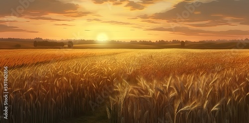 Stunning depiction of a fertile wheat field beneath a vibrant sky. Generative AI