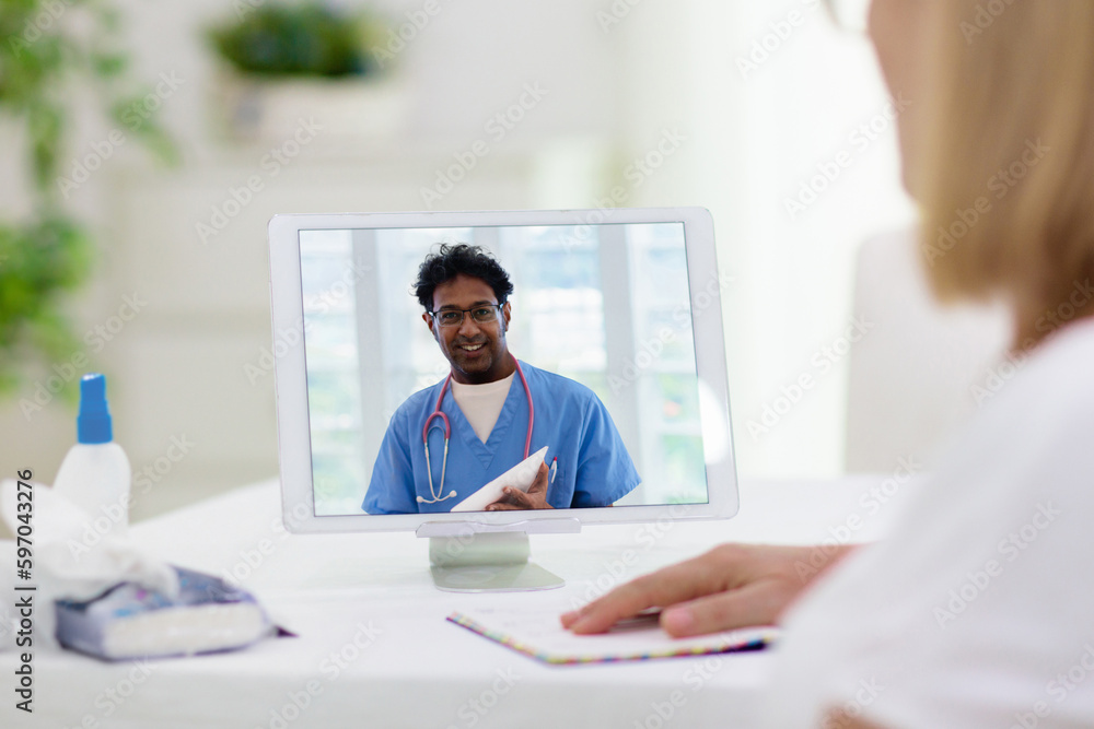 Fototapeta premium Sick woman calling doctor. Remote medical help.