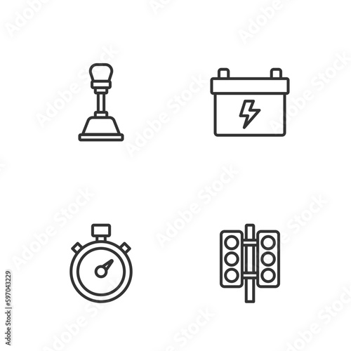 Set line Racing traffic light, Stopwatch, Gear shifter and Car battery icon. Vector
