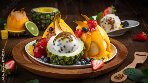 Delicious ice cream sandae with fruits and berries, AI generative sweets photo