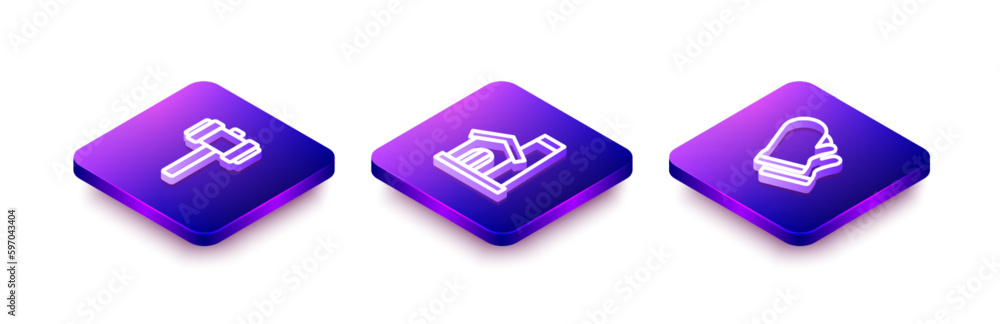Set Isometric line Sledgehammer, Smithy workshop interior and Protective gloves icon. Vector Set Isometric line Sledgehammer, Smithy workshop interior and Protective gloves icon. Vector