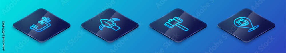 Set Isometric line Sledgehammer, Clamp and screw tool, Horseshoe and Classic iron fence icon. Vector Set Isometric line Sledgehammer, Clamp and screw tool, Horseshoe and Classic iron fence icon. Vector