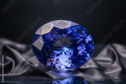 Blue tanzanite gemstone on gray background. Generative AI