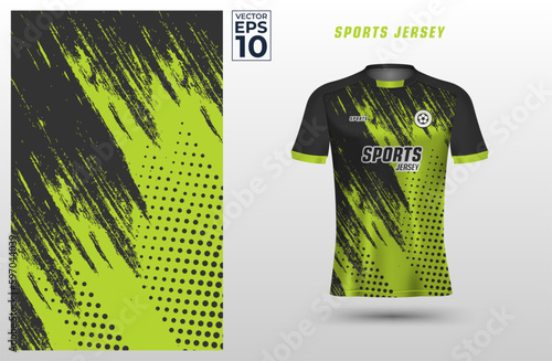 Green black t-shirt sport design template with abstract grunge and halftone pattern for soccer jersey. Sport uniform in front view. Shirt mock up for sport club. Vector Illustration	
