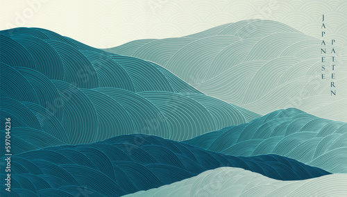 Hand drawn line with line wave pattern vector. Green and blue abstract art template with geometric pattern. Mountain landscape and desert card invitation design in vintage style. 