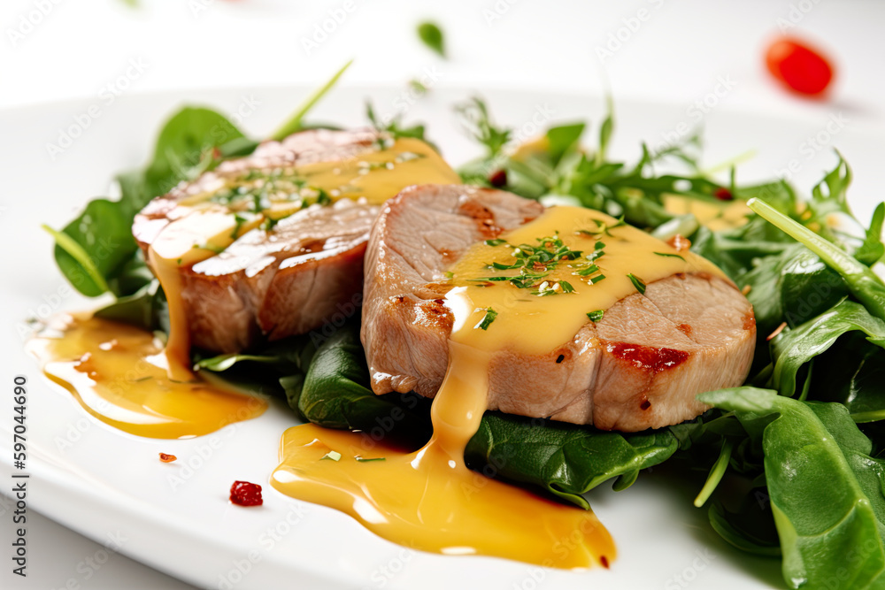 A white plate topped with meat covered in sauce. AI generative. A white plate topped with meat covered in sauce. AI generative.