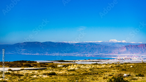 Plastic greenhouses on coast and Sierra Nevada mountain, Spain