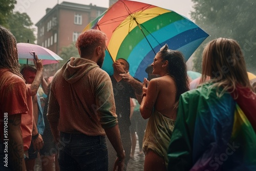 Raining onto a lgtbq gay pride rainbow flag, gay and lesbians, group people mans and womens, laughing and having fun at a festival Generative AI © ChaoticMind