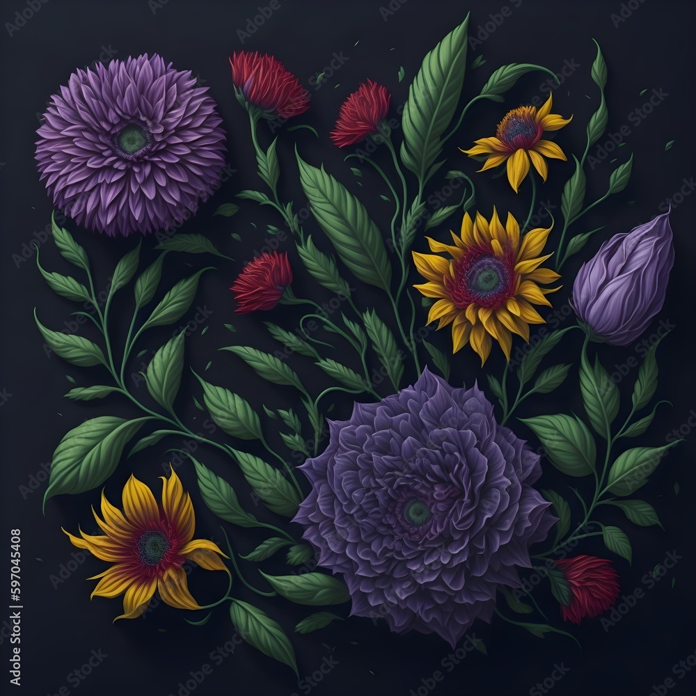 pattern with flowers with black background version 8
