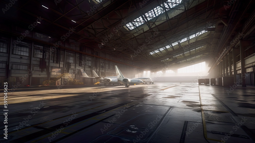 Abandoned rusty airport hangar, warehouse interior, AI generative