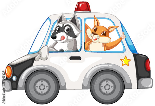 Raccoon and squirrel in police car