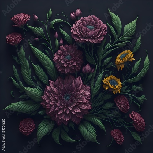 pattern with flowers with black background version 3