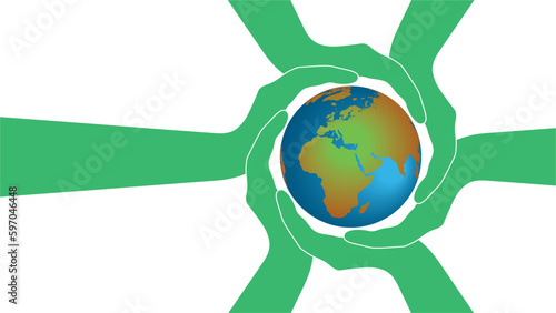 Banner with green hands holding planet Earth in a ring. Responsibility, sustainability, teamwork and cooperation. Dimension 16:9.