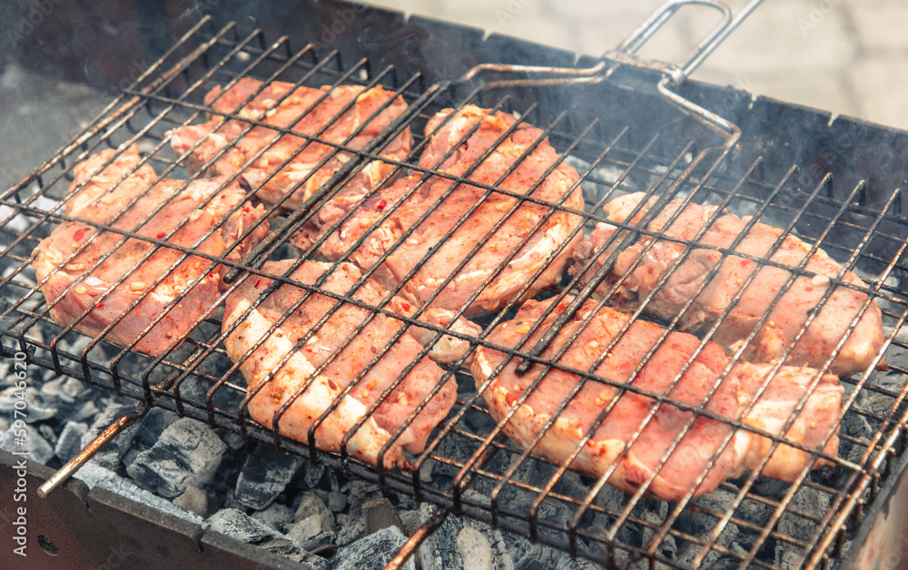 Barbecue with tasty grilled meat on grill, closeup. Barbeque party