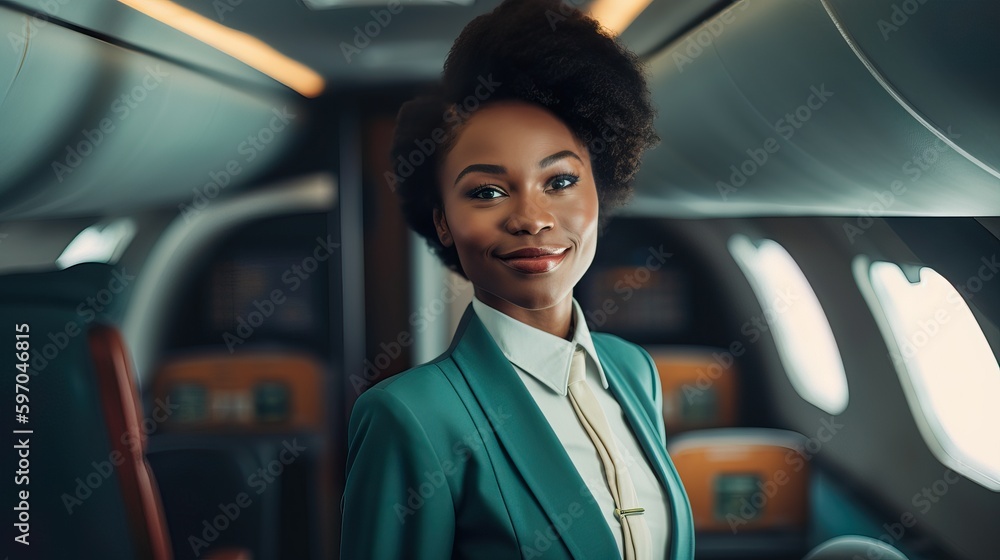 A fictional person. Smiling Stewardess on Airplane A fictional person. Smiling Stewardess on Airplane