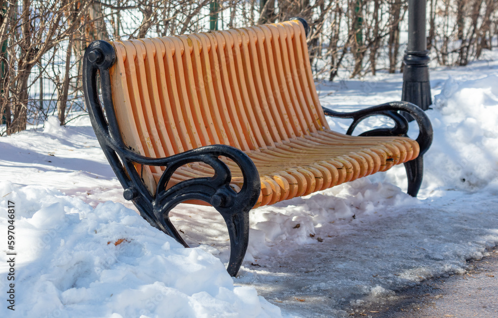 Bench in the park on a background of the winter landscape and snow
