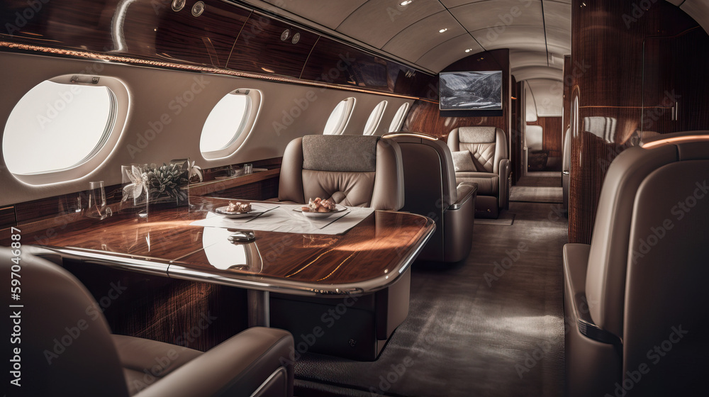 A fictional person.  Luxurious interior of modern private jet