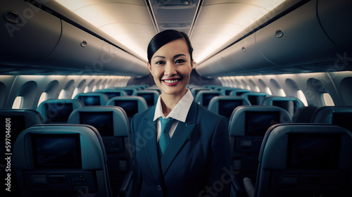 A fictional person. Smiling Stewardess on Airplane