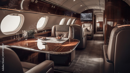 A fictional person.  Luxurious interior of modern private jet © Dangubic